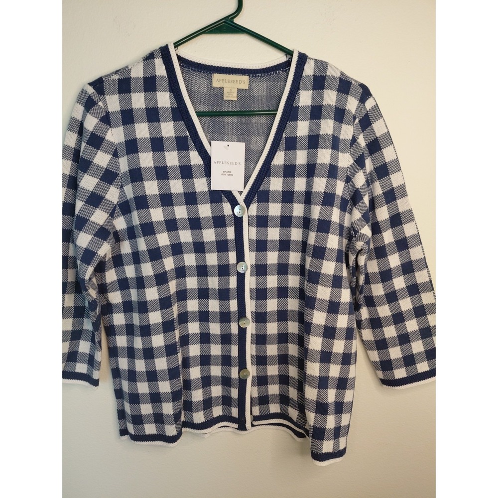 Appleseeds Cardigan Sweater Women Sz S Blue White Geometric Grandma Y2k Business